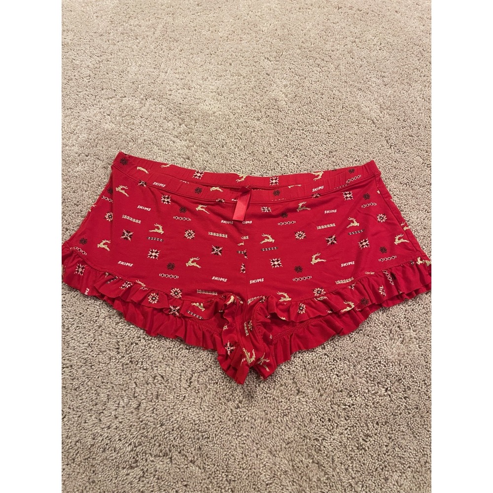 SKIMS Red Reindeer Holiday Print Pajama Sleep Shorts Ruffle Trim Size M